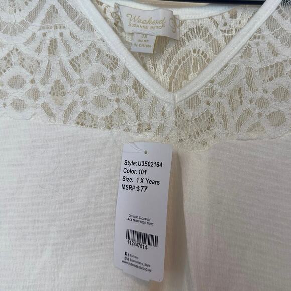 NWT Weekend Suzanne Betro Lace Trim V-Neck Tunic Blouse Size 1X White Boho - Picture 3 of 4
